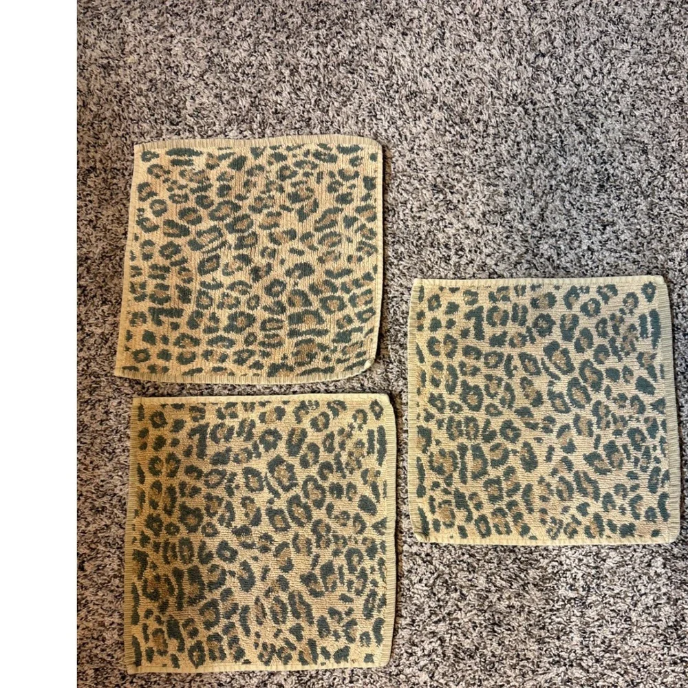 Pottery Barn Vintage Leopard Cheetah Print Washcloth Wash Cloth Lot of 3 Brown